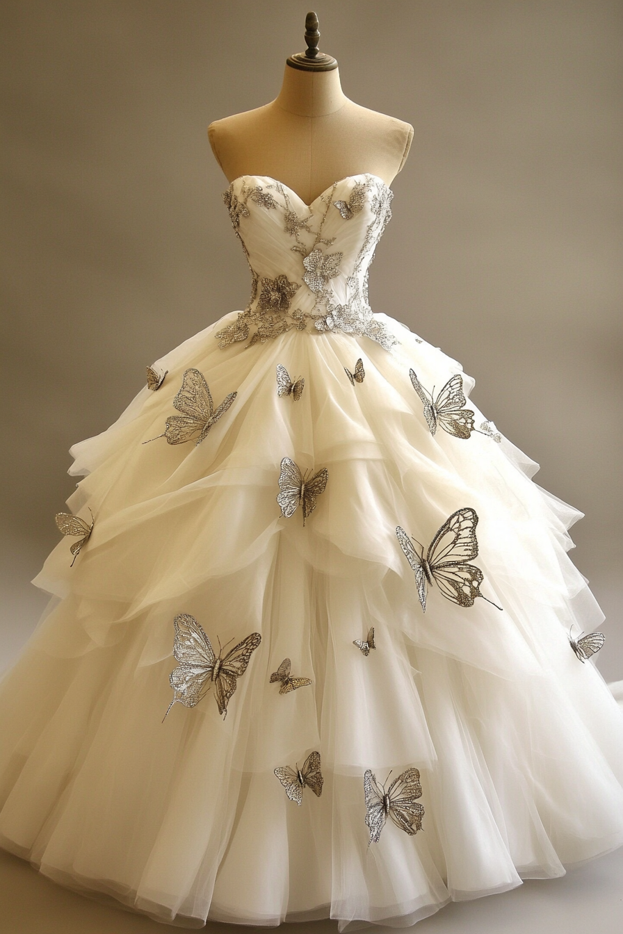 Wedding ball gown. Ivory tulle layers, silver butterfly appliques.