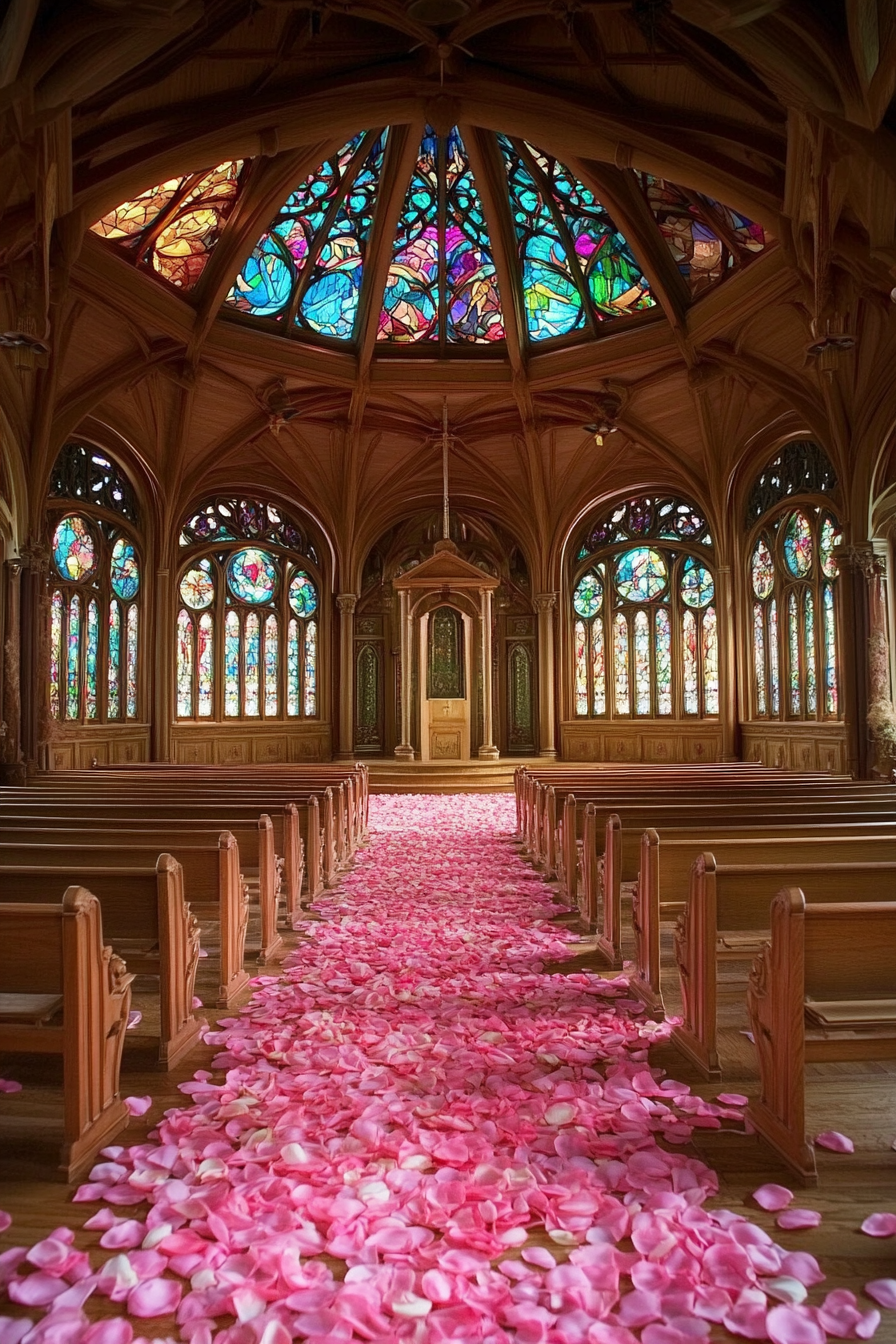 Wedding ceremony setting. Round chapel with colorful stained glass and pastel pink petal aisle.