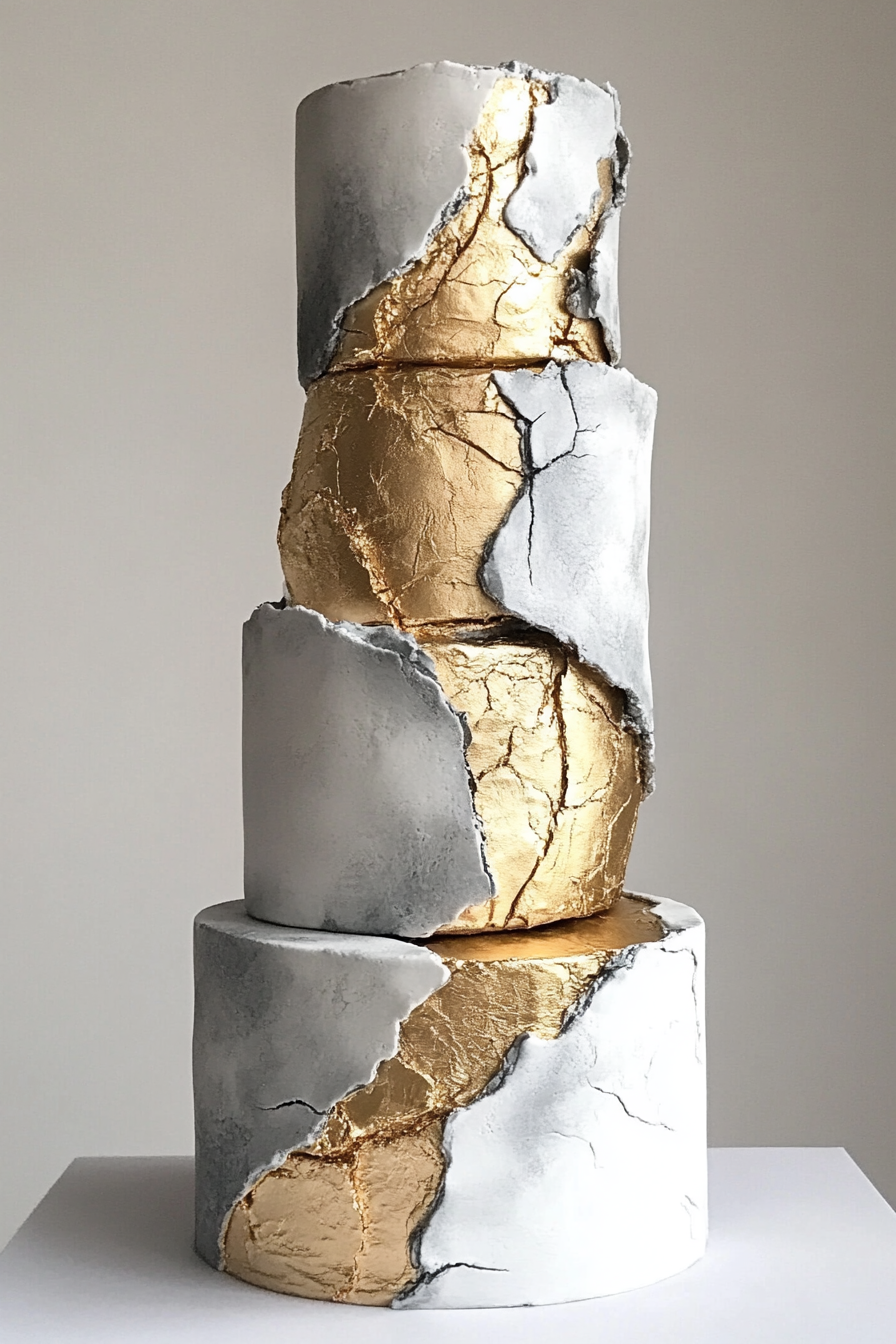 Wedding cake design. Metallic tiers with gold veining.