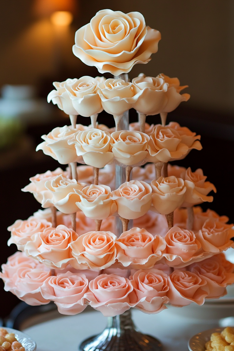 Wedding dessert display. Handcrafted rose cake with cascading fondant petals.