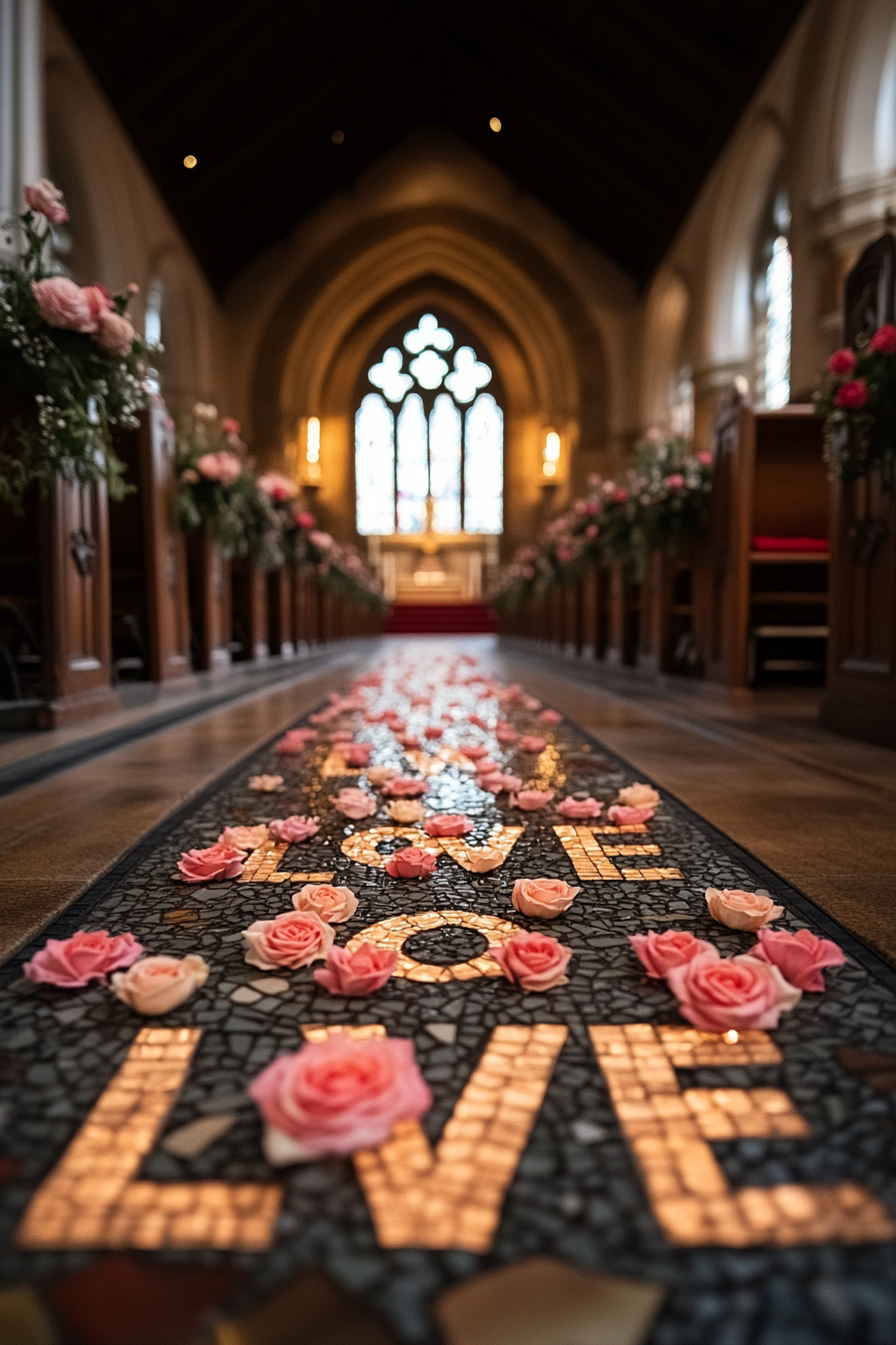 Wedding ceremony setting. Roses spelling 'love' on a mosaic glass church aisle.