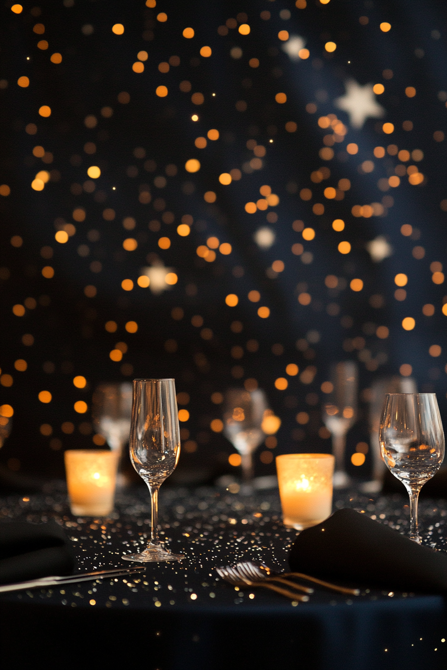 Wedding decor. Constellation-inspired tablecloth with monochromatic star motifs.