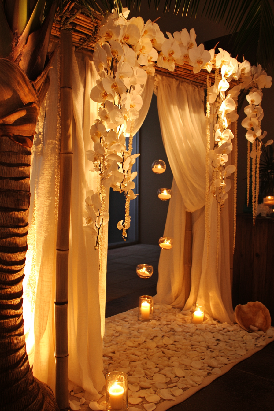 Wedding setup. Shell arch draped in white voile, surrounded by lit tiki torches, floating orchids.