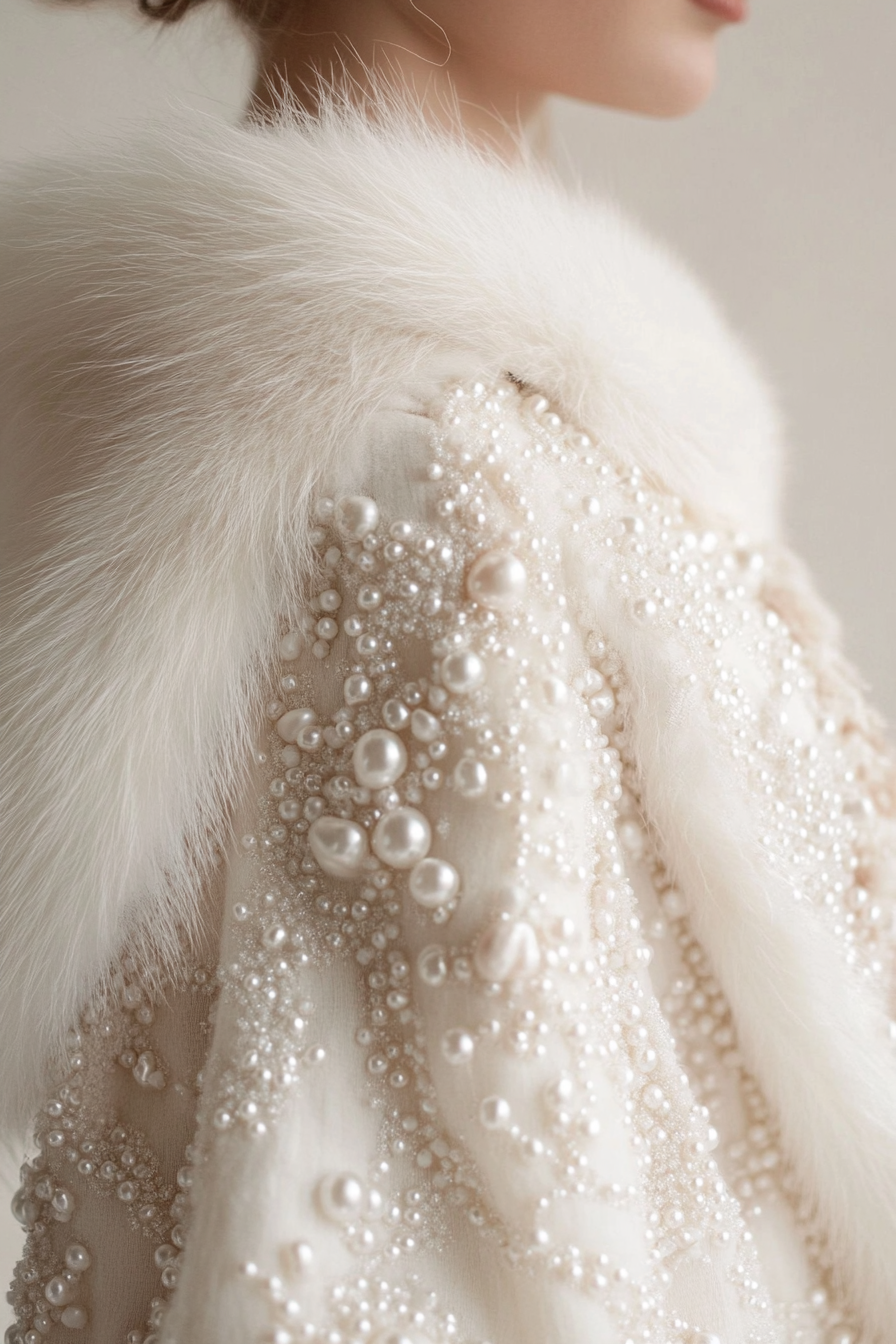 Wedding outerwear. White cashmere wrap embellished with pearl beading and faux fur trim.