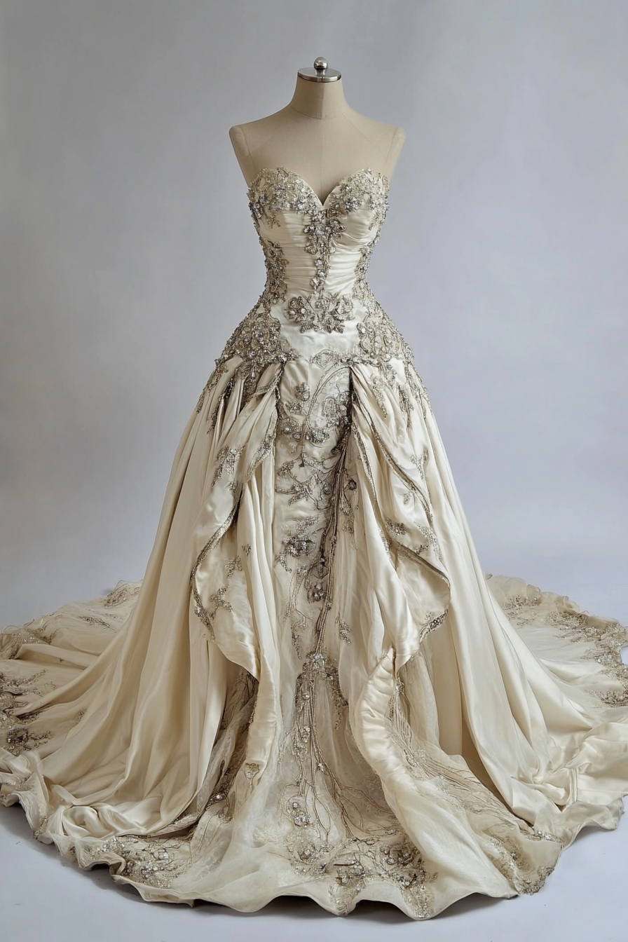 Wedding gown. Ivory, cathedral train with crystal-embellished bodice.