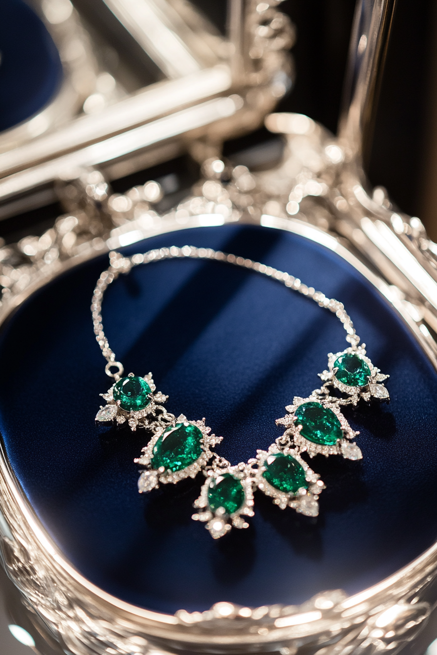 Wedding jewelry showcase. Emerald necklace in a velvet navy box on a silver mirror tray.