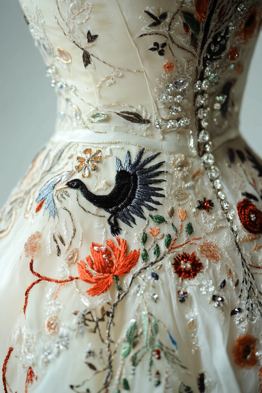 Wedding gown feature. Embroidered folklore tale, scattered with crystals.