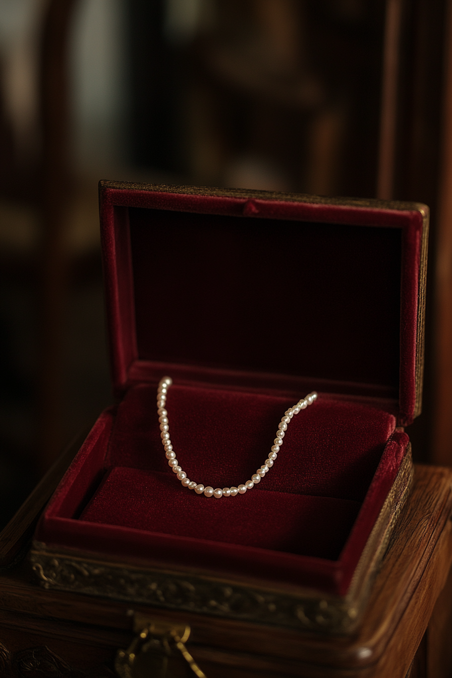 Wedding jewelry showcase. Velvet box holding delicate pearl necklace.