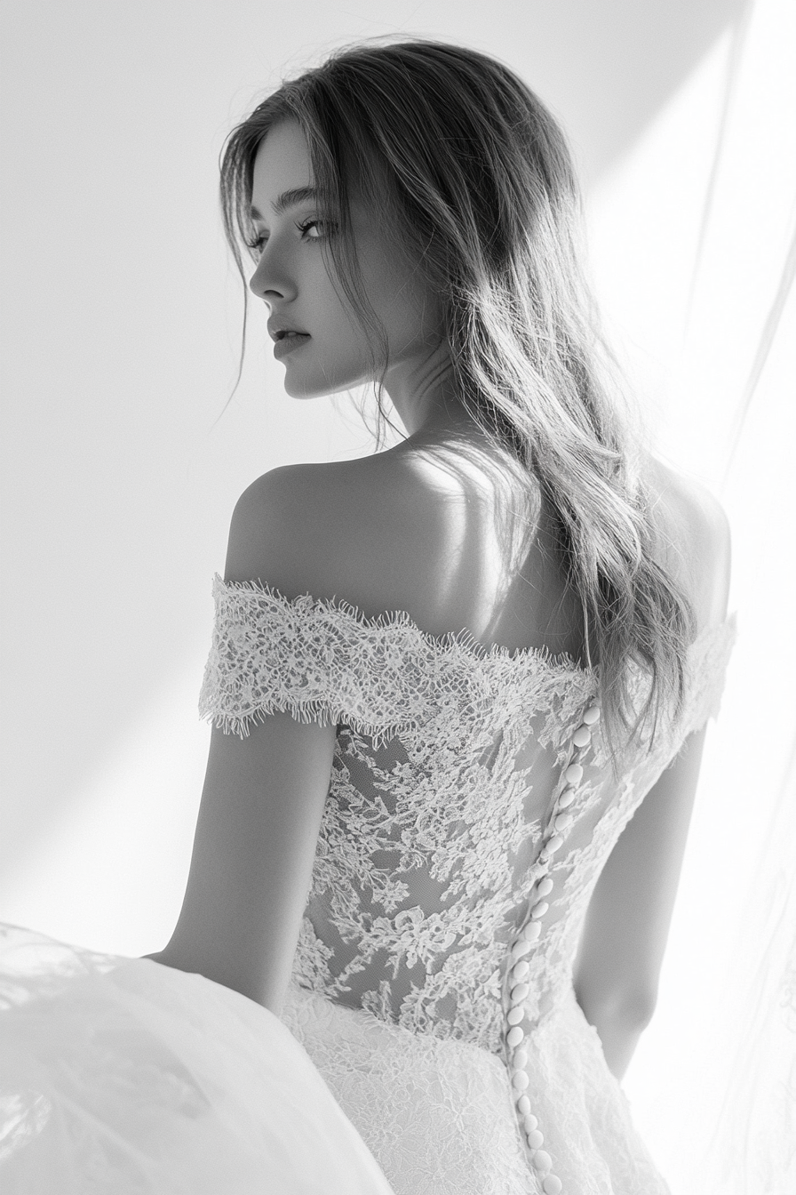 Wedding dress collection. Off-the-shoulder style with Chantilly lace and pearl buttons.