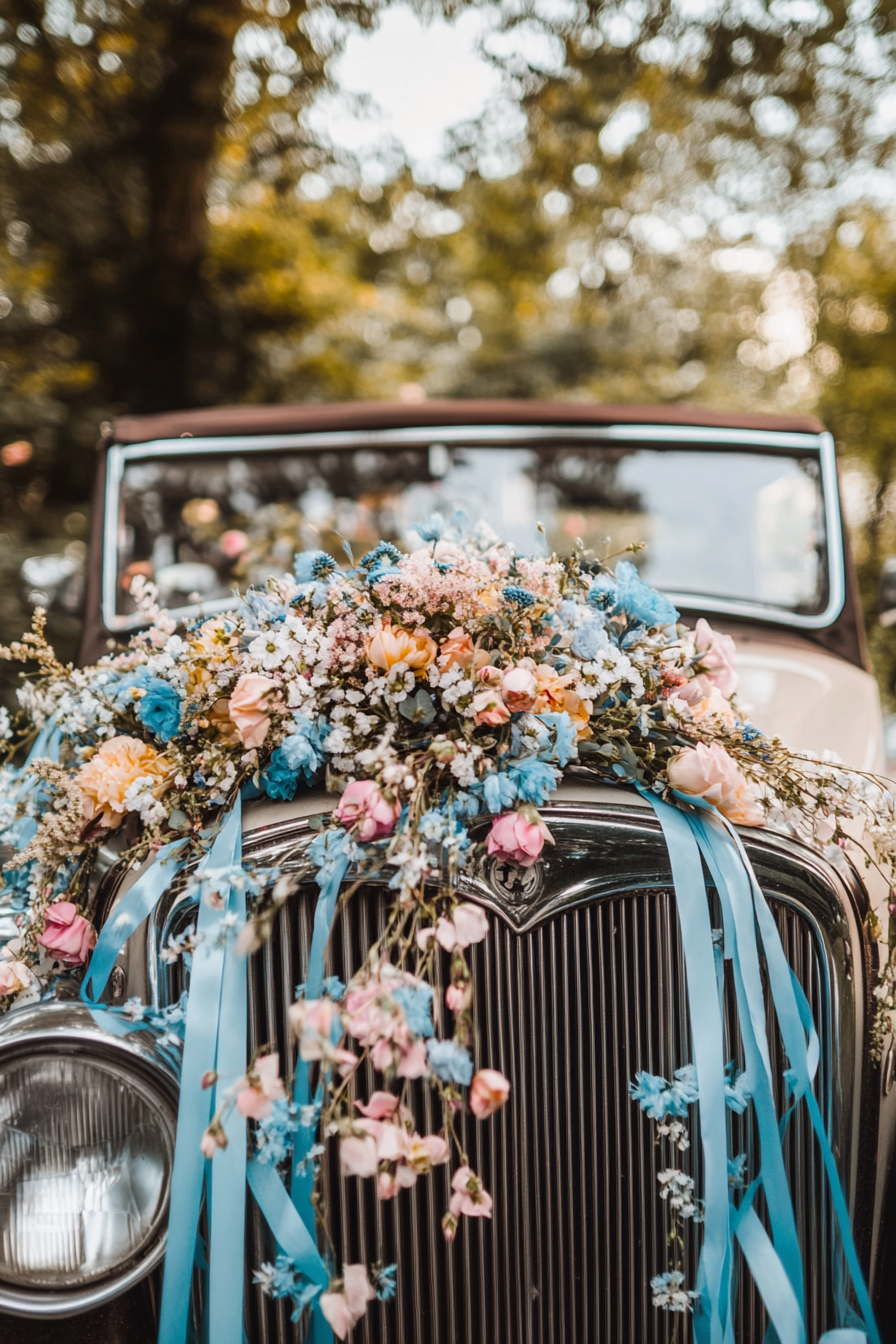 Wedding transport design. Vintage car adorned with pastel-colored flower garlands and blue ribbon streams.