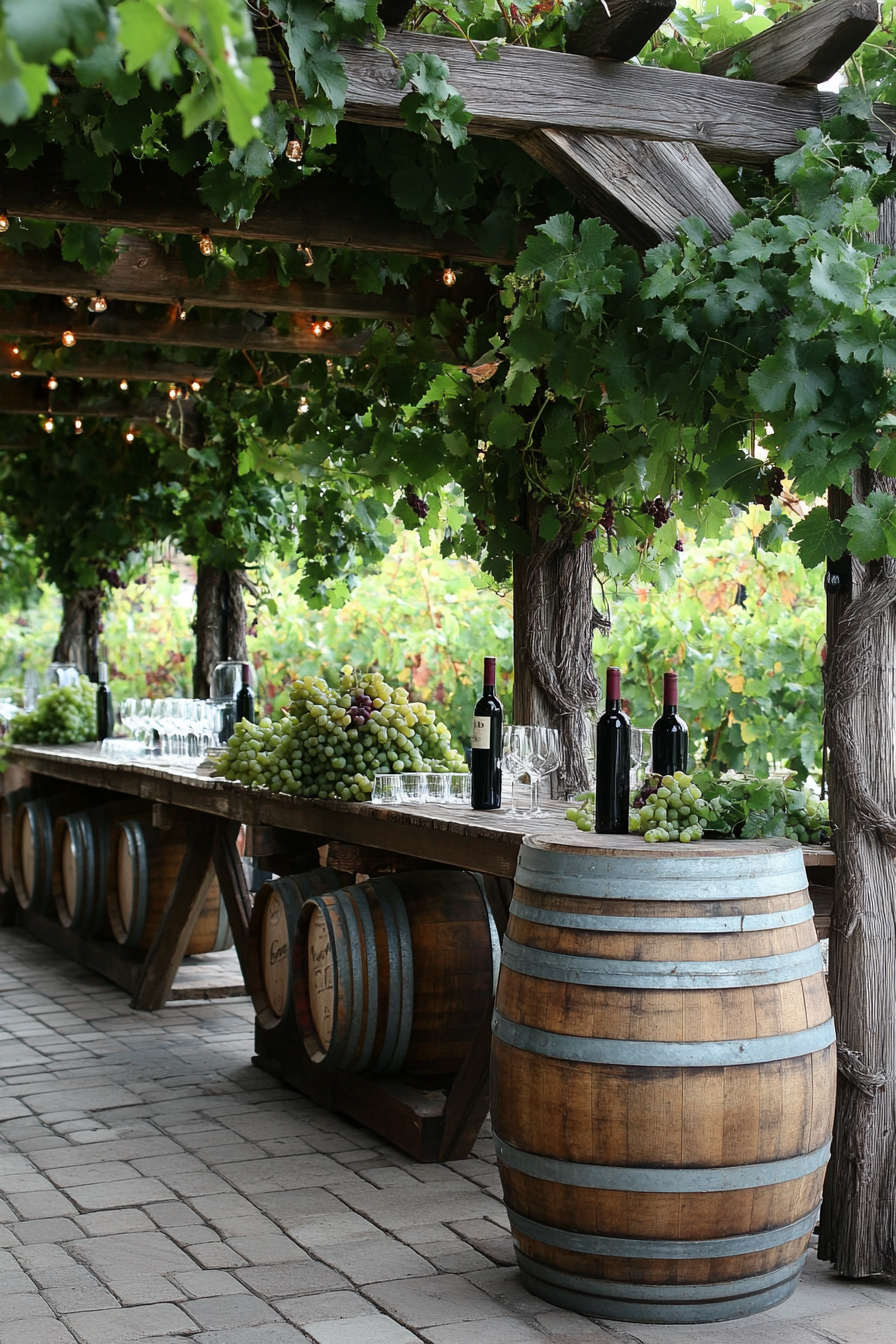 Wedding venue design. grape arbor with barrel wine station.