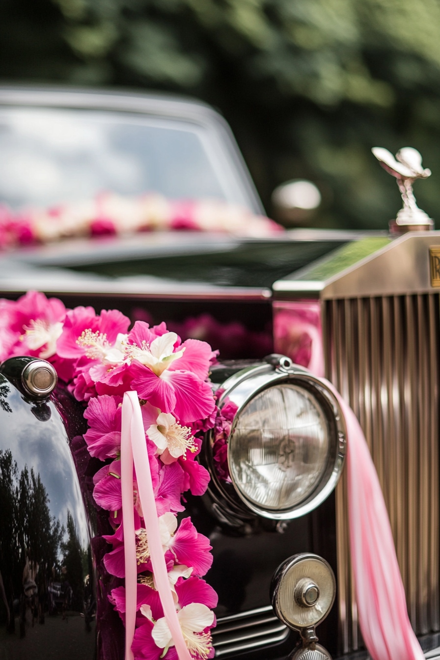 Wedding transport design. Vintage Rolls-Royce adorned with pink hibiscus garlands and silk ribbon streams.