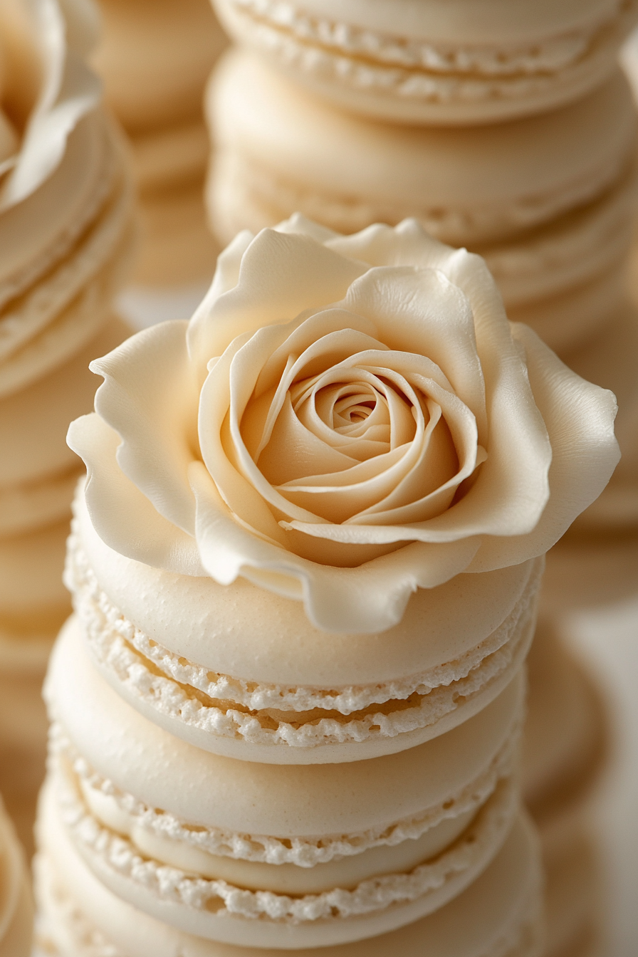 Wedding dessert display. Vanilla macaroons with handcrafted sugar roses.