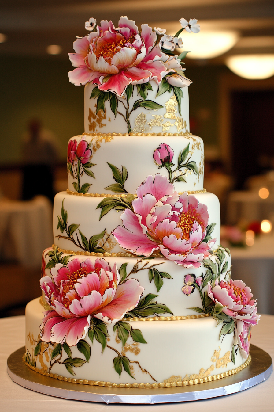 Wedding cake display. Hand-painted peony design on white fondant with gold leaf accents.