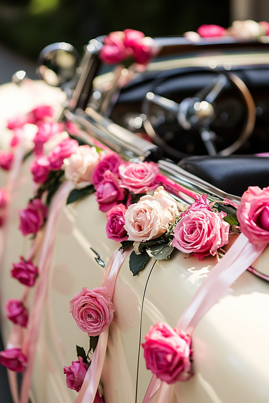 Wedding transport design. Vintage car adorned with pink rose garlands and silk ribbon streams.