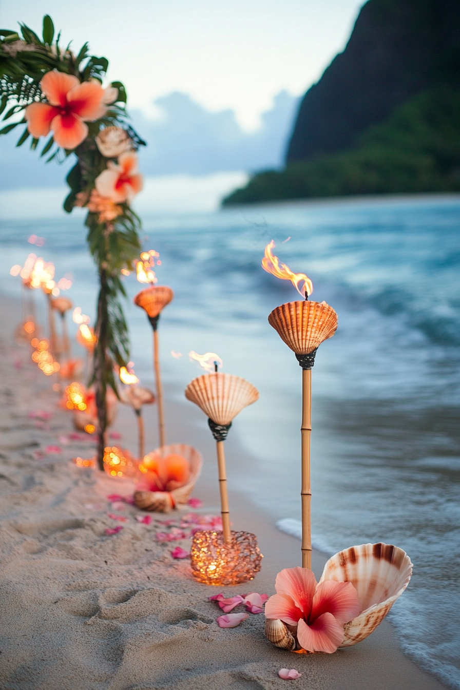 Wedding beach setup. Shell arch, floating hibiscus flowers, tiki torch row.