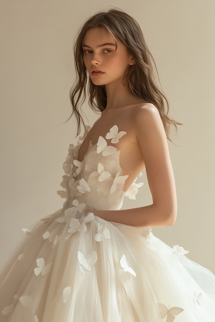 Wedding ball gown. Ivory tulle layers with butterfly appliques.