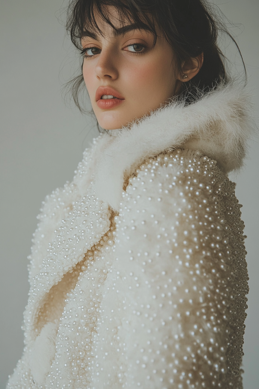 Wedding outerwear. Ivory trench coat with pearl beading and faux fur trim.