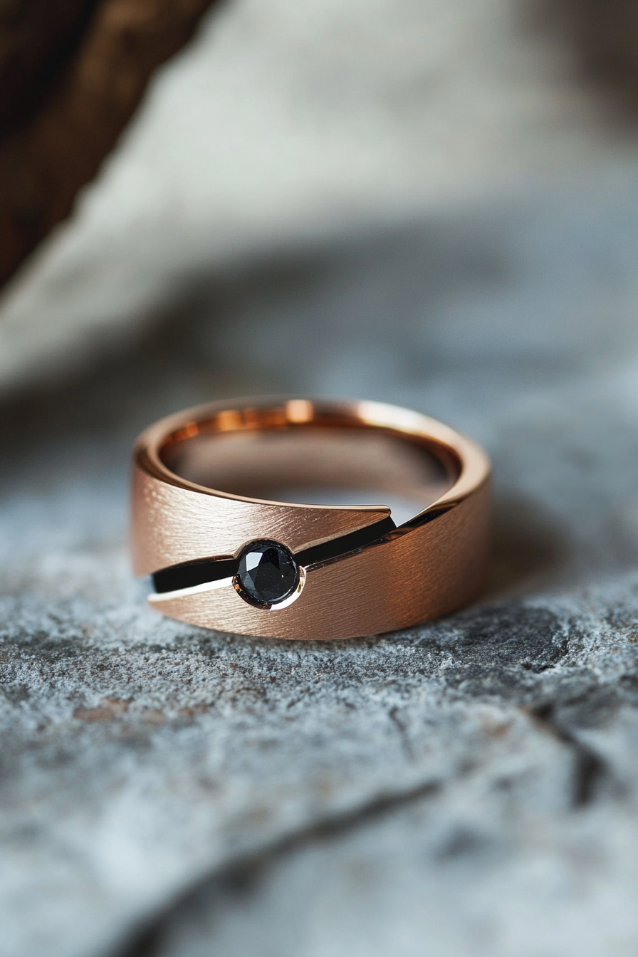 Wedding ring collection. Rose gold band with a hidden black diamond.