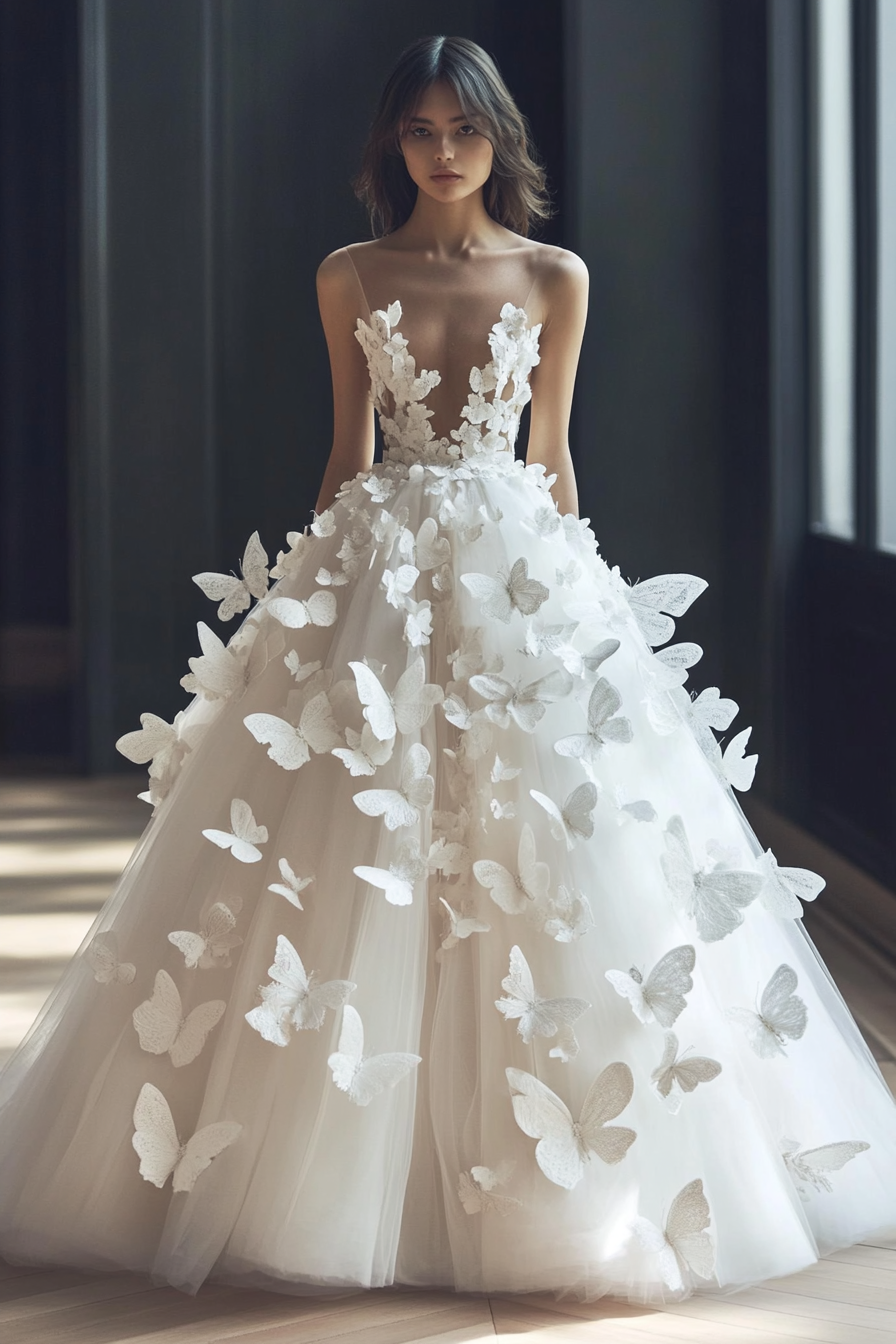 Wedding ball gown. Ivory, tulle-layered, intricate butterfly appliques.