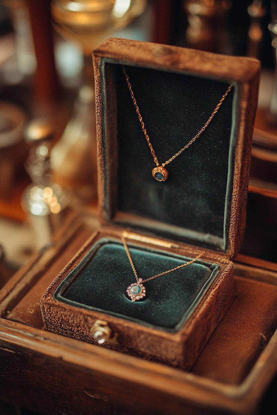 Wedding jewelry showcase. Victorian-style velvet box containing a delicate sapphire necklace.