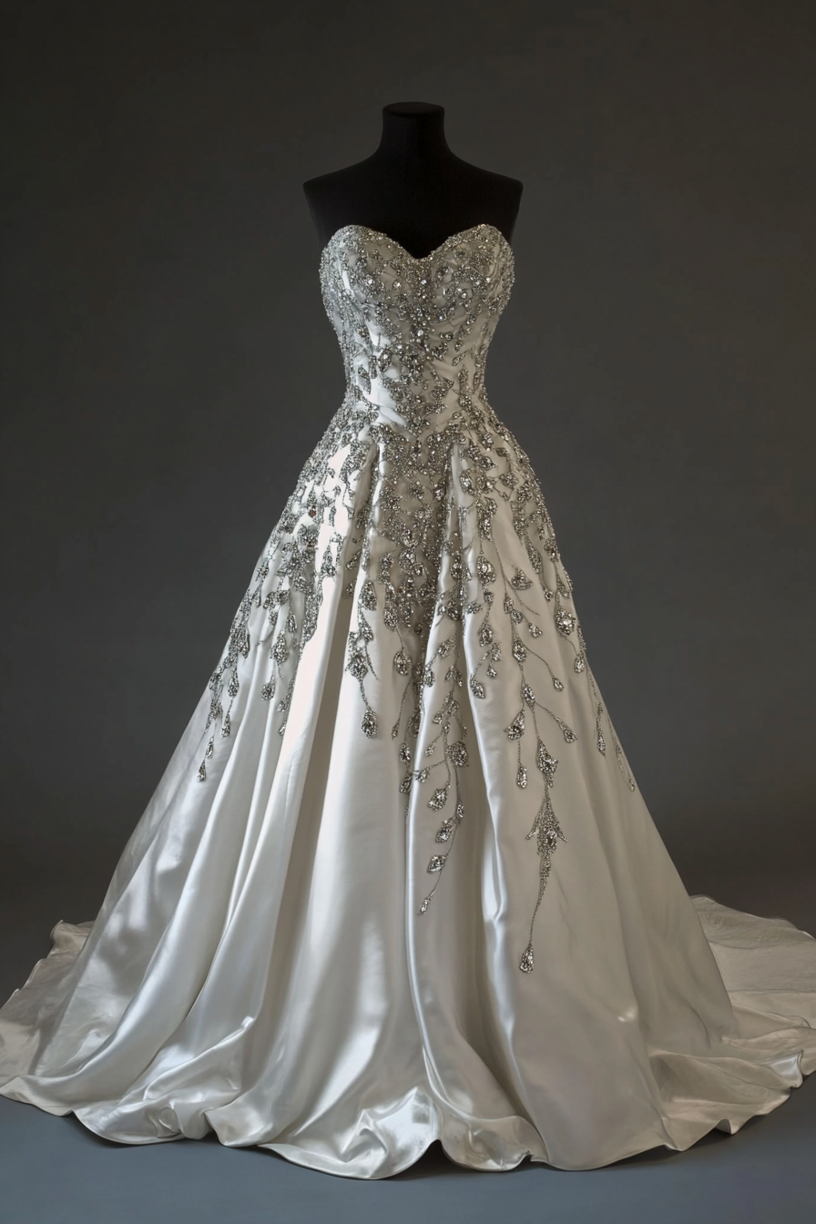 Wedding gown. Cathedral train and bodice with cascading crystals.