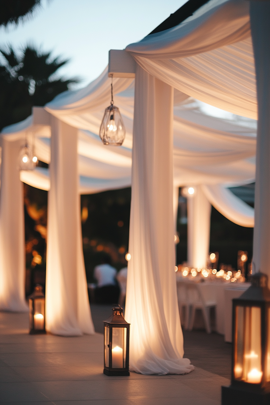 Wedding entertainment space. White fabric canopies with small lanterns.