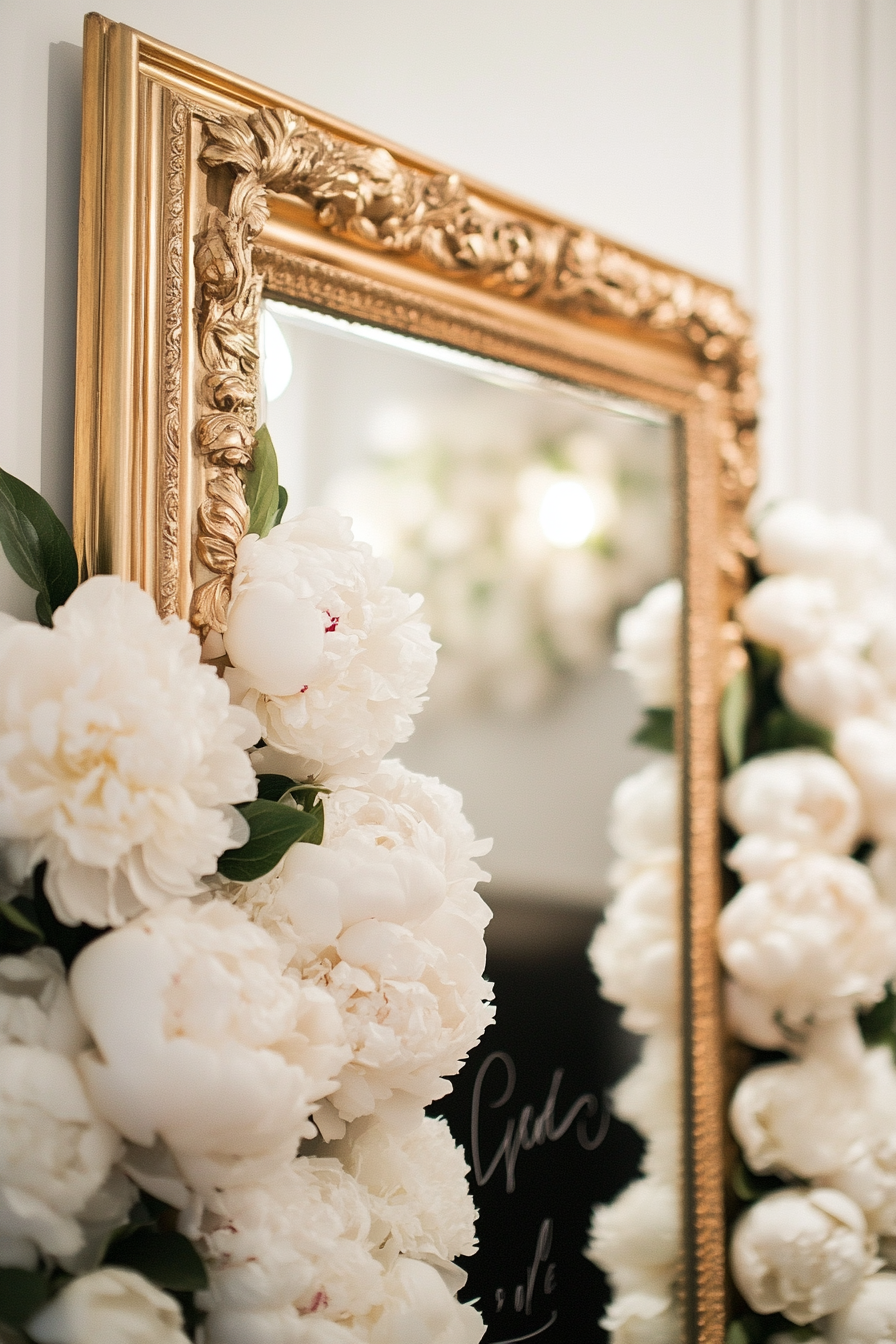 Wedding Entrance Display. Gold-framed mirror with white peony border and black calligraphy.