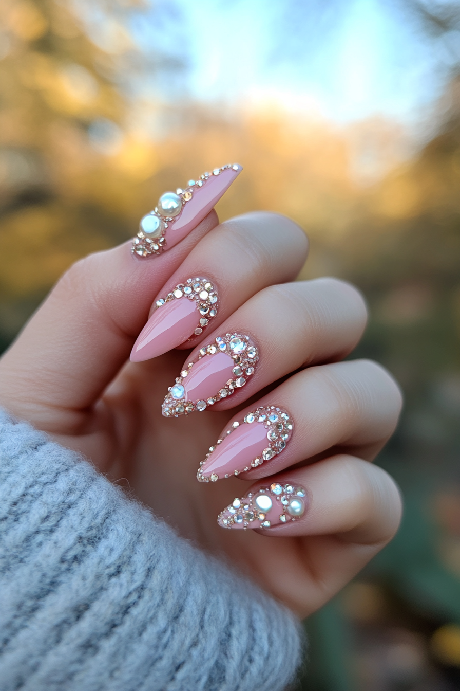 Wedding day manicure. Pink polish with pearl accents and crystal tips.