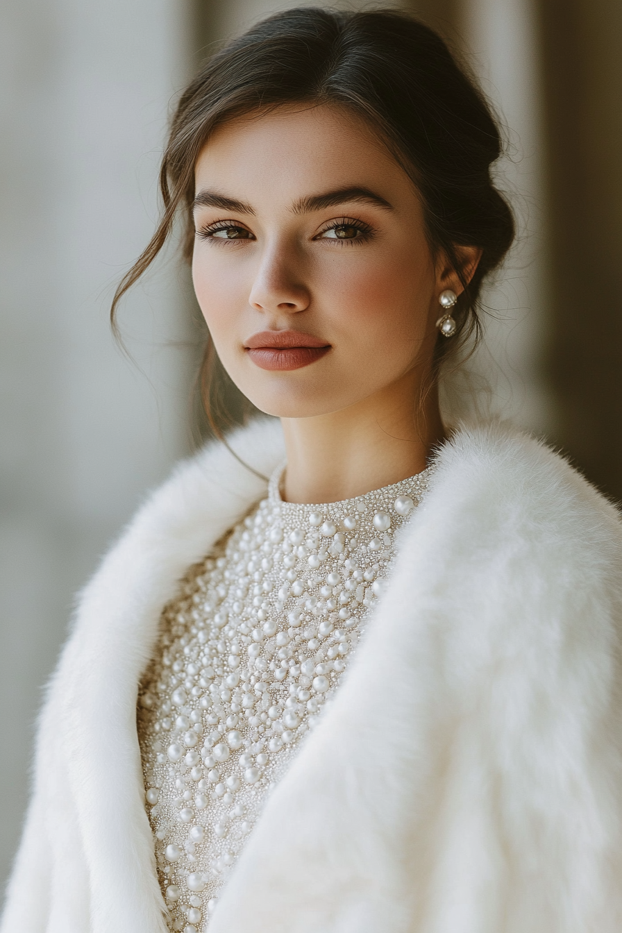 Wedding outerwear. Ivory faux fur cape featuring pearl beading.