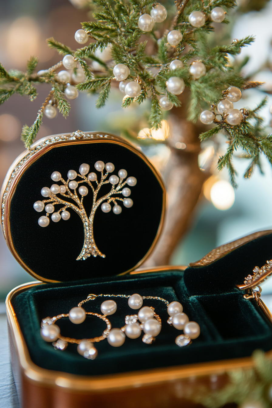 Wedding Jewelry Showcase. Velvet tree box containing pearl studs and matching necklace.