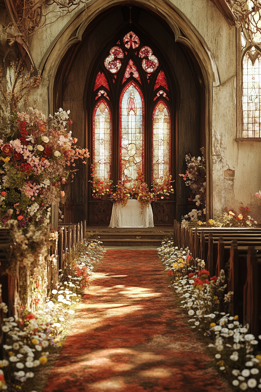 Wedding ceremony setting. Vintage church with ruby stained glass and daisy-embellished aisle.