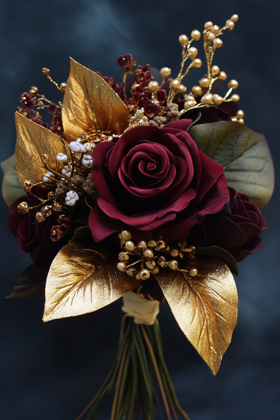 Wedding Bouquet. Burgundy roses, gold leaves, and lily of the valley.