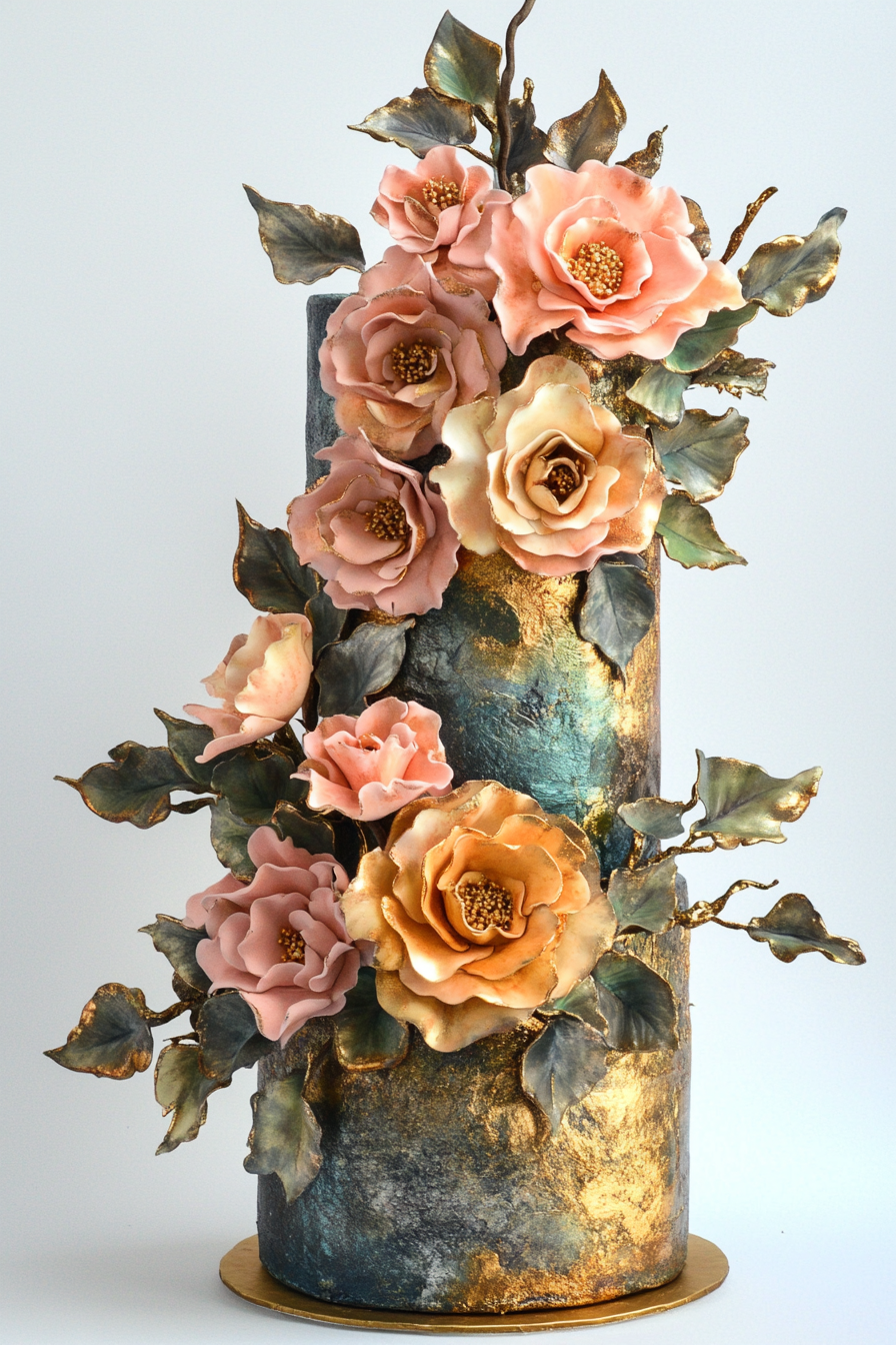 Wedding cake design. Gold veined, metallic tier fondant flowers.