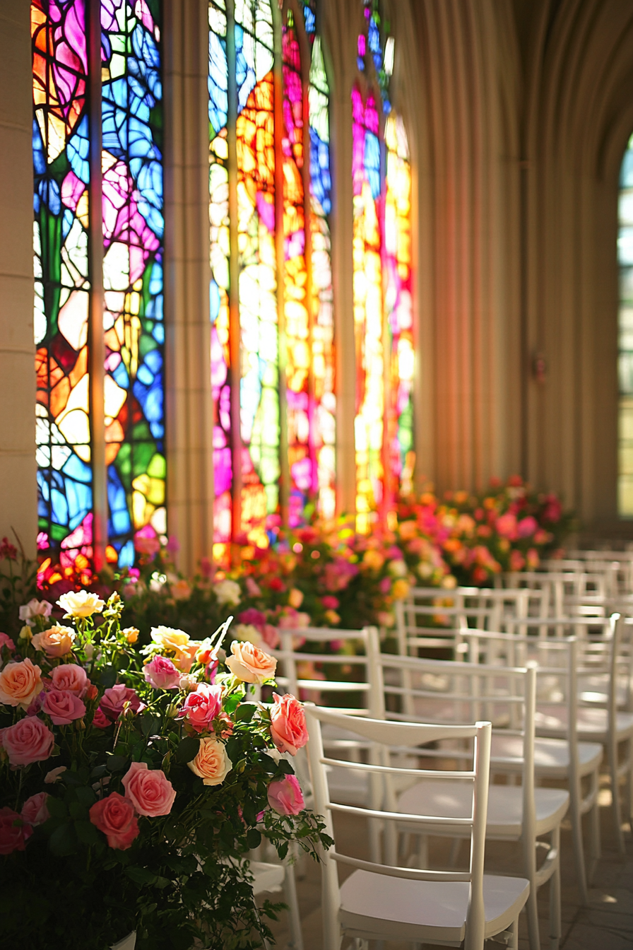 Wedding ceremony setting. Cascading roses on white bistro chairs under multihued cathedral stained glass.