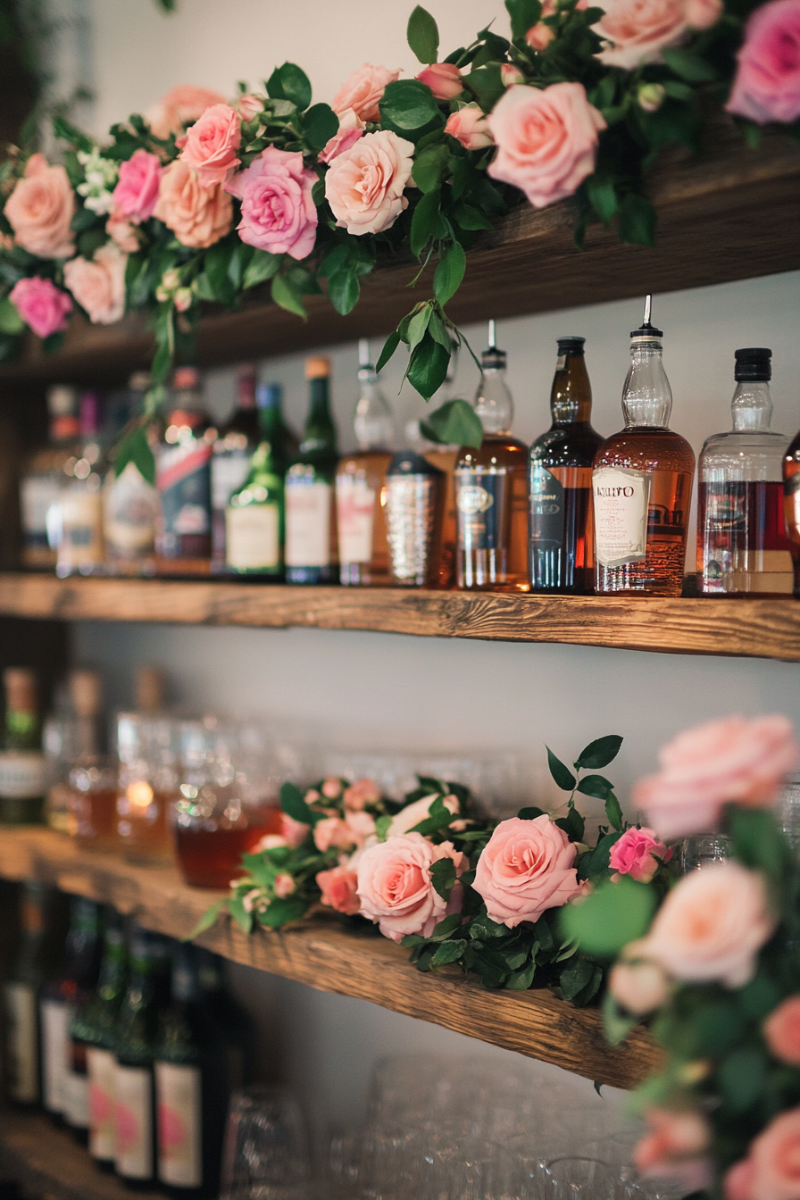 Wedding bar display. Floating shelves adorned with pink rose garlands.