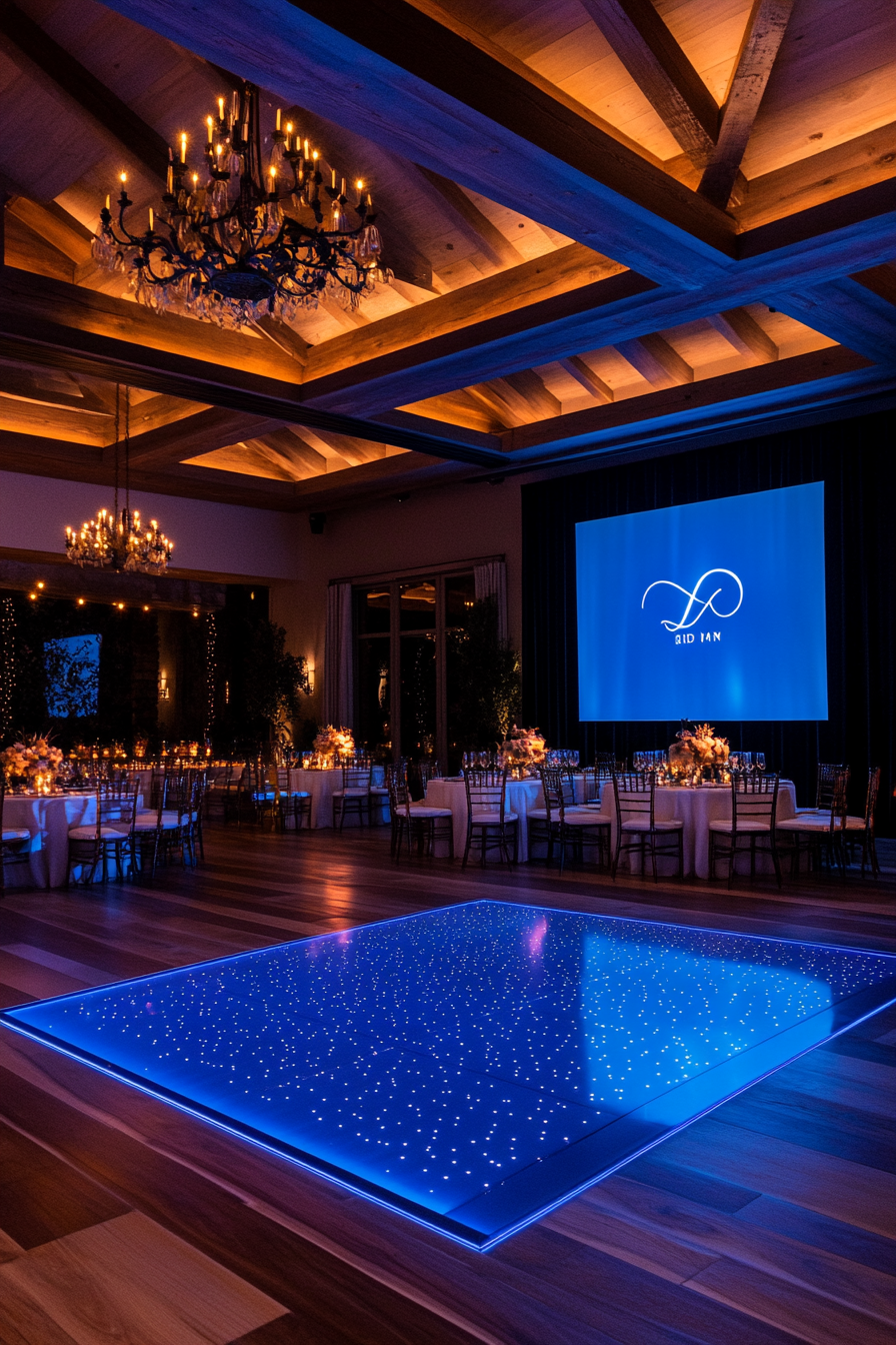 Wedding entertainment space. Oak dance floor, sublime monogram projection, and cobalt LED borders.