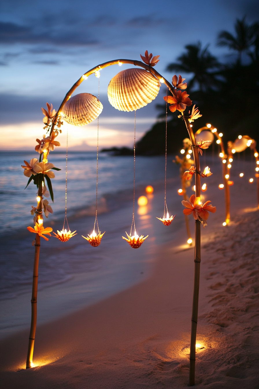 Wedding Beach Setup. Shell arch, tiki torches, sea urchin string lights, floating hibiscus flowers.