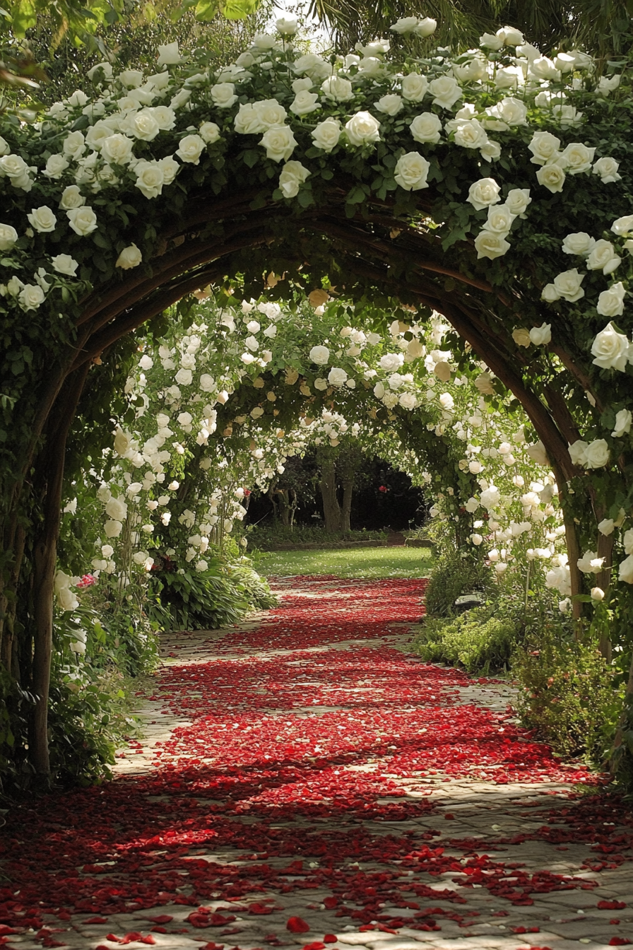 Wedding garden ceremony. White rose arches, red petal pathways.