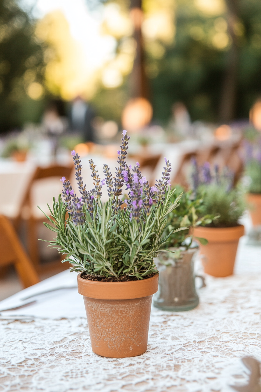 Wedding reception setup. Sage and lavender potted centerpieces on lace tablecloth.