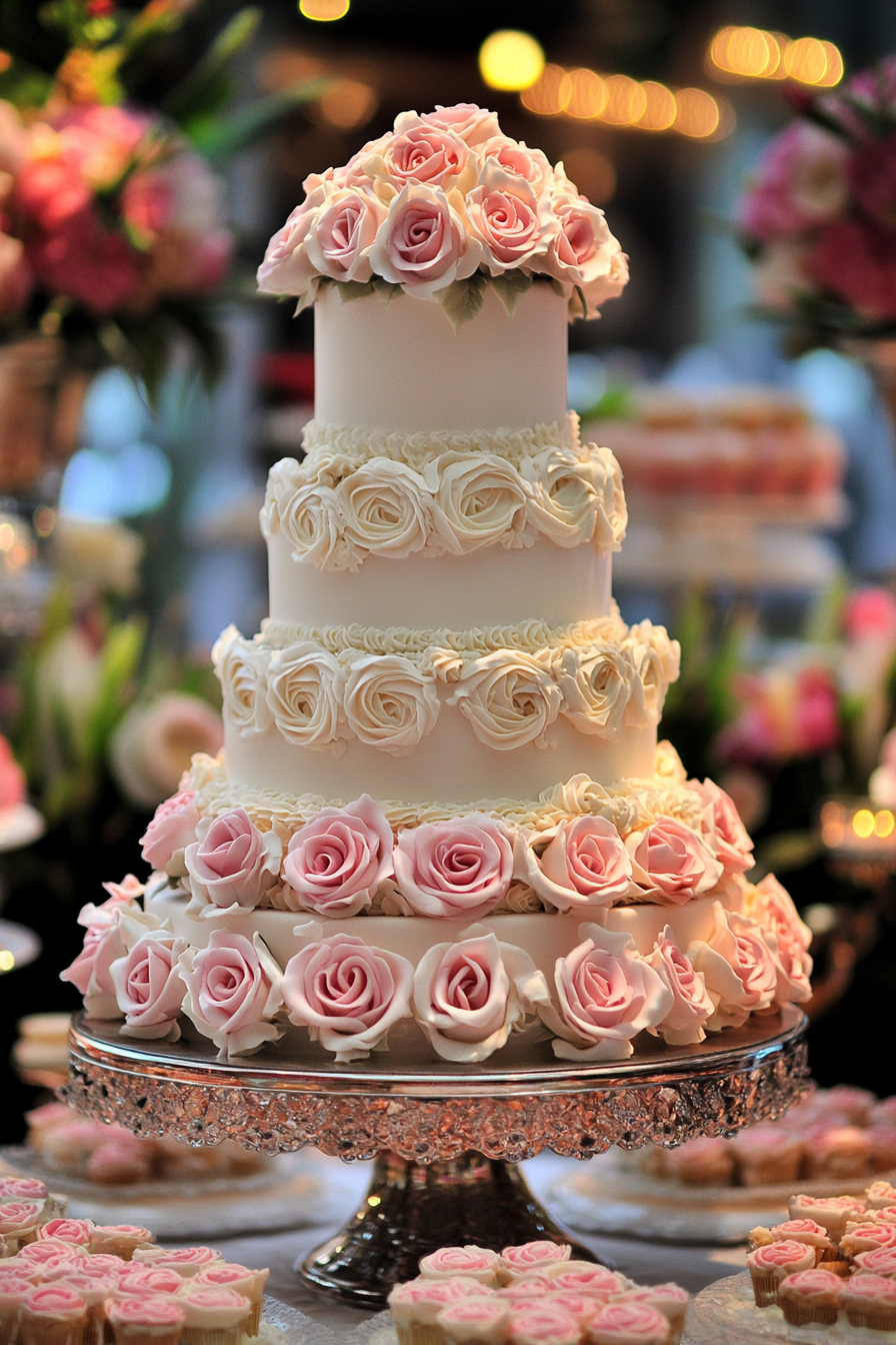 Wedding dessert display. A 4-tier cake with ivory icing and pink handcrafted roses.