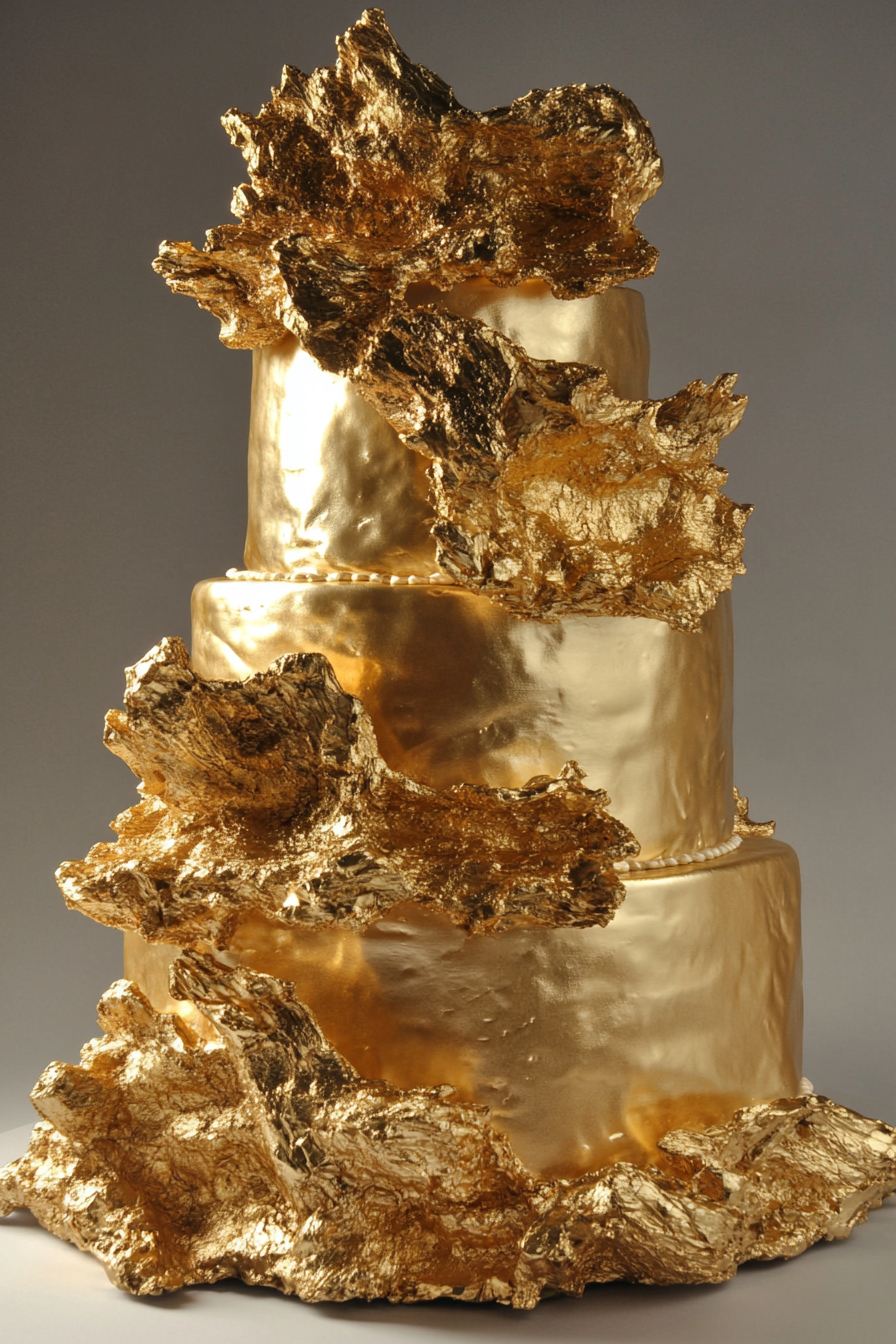 Wedding Cake Design. Metallic gold-tier with natural riffled edge.