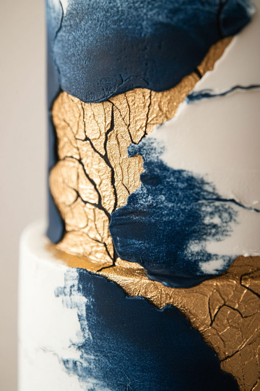 Wedding cake design. Chiffon texture with gold veins, metallic cobalt-tier.