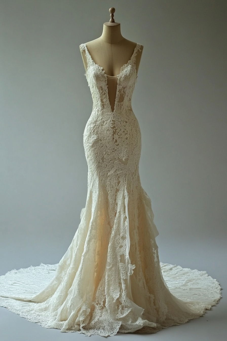 Wedding dress. Collection with mermaid silhouette, Chantilly lace, pearl buttons.