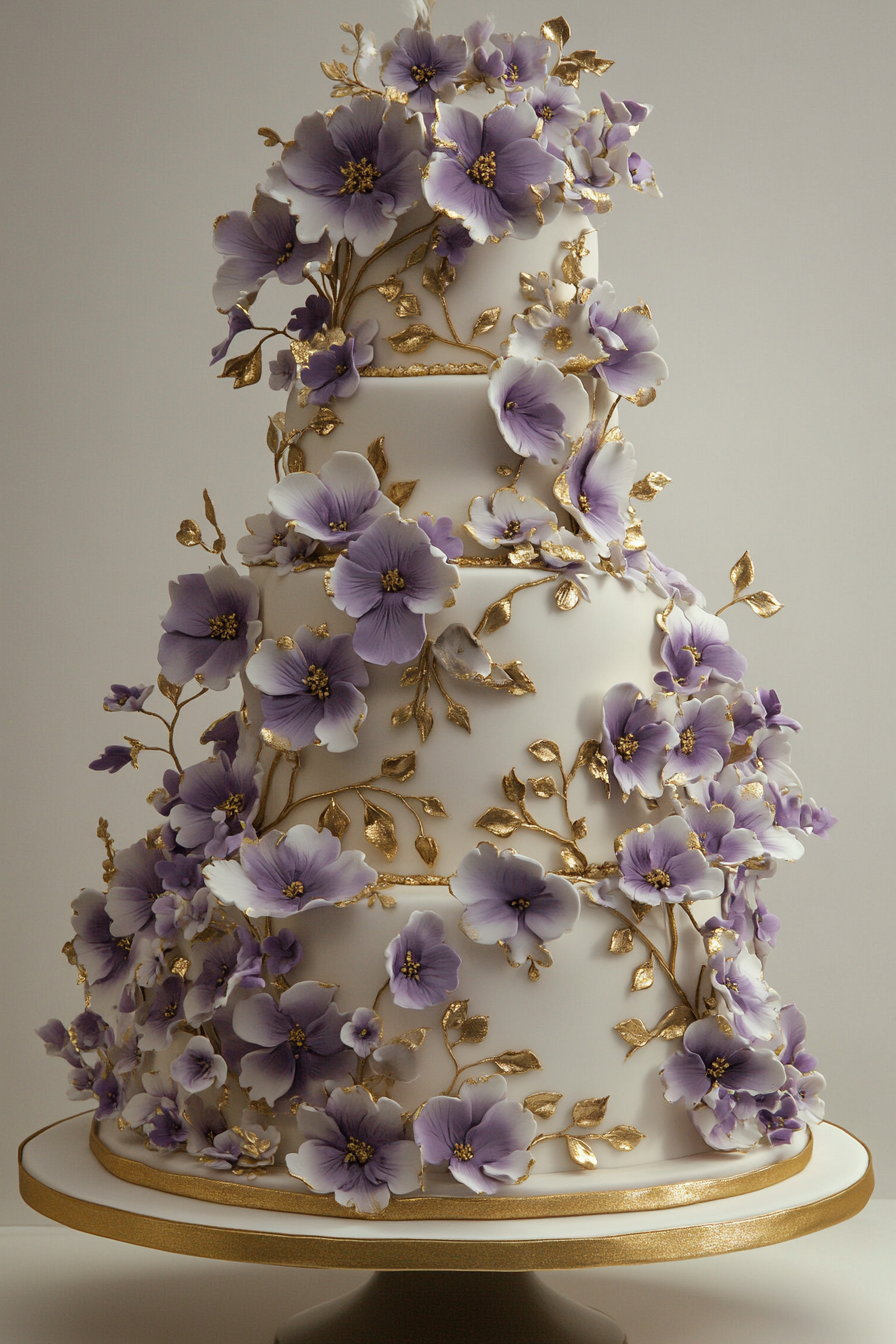 Wedding cake display. Hand-painted fondant flowers with gold leaf accents.