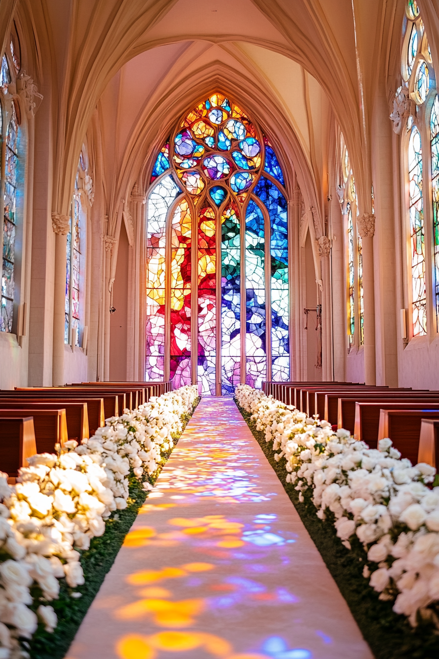 Wedding Ceremony Setting. Daytime cathedral with multicolored stained glass and white rose aisle.