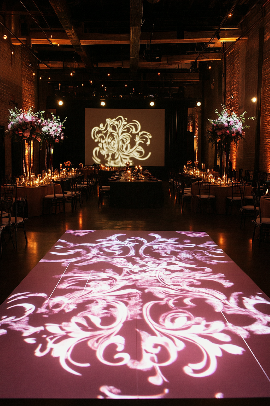 Wedding entertainment space. dance floor with baby pink LEDs outlining monogram projection.