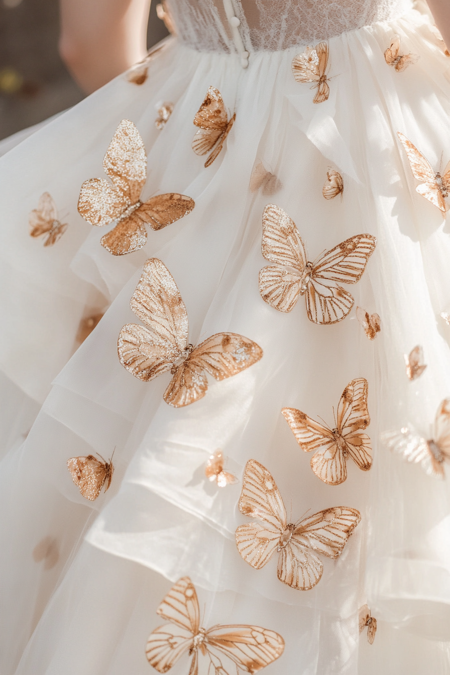 Wedding ball gown. Ivory tulle layers with gold butterfly appliques.