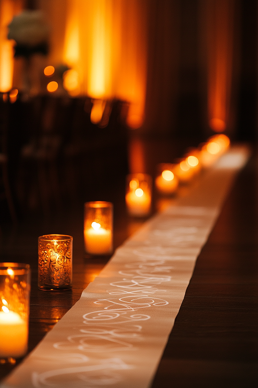 Wedding ceremony feature. White calligraphy scrolls under amber lighting.