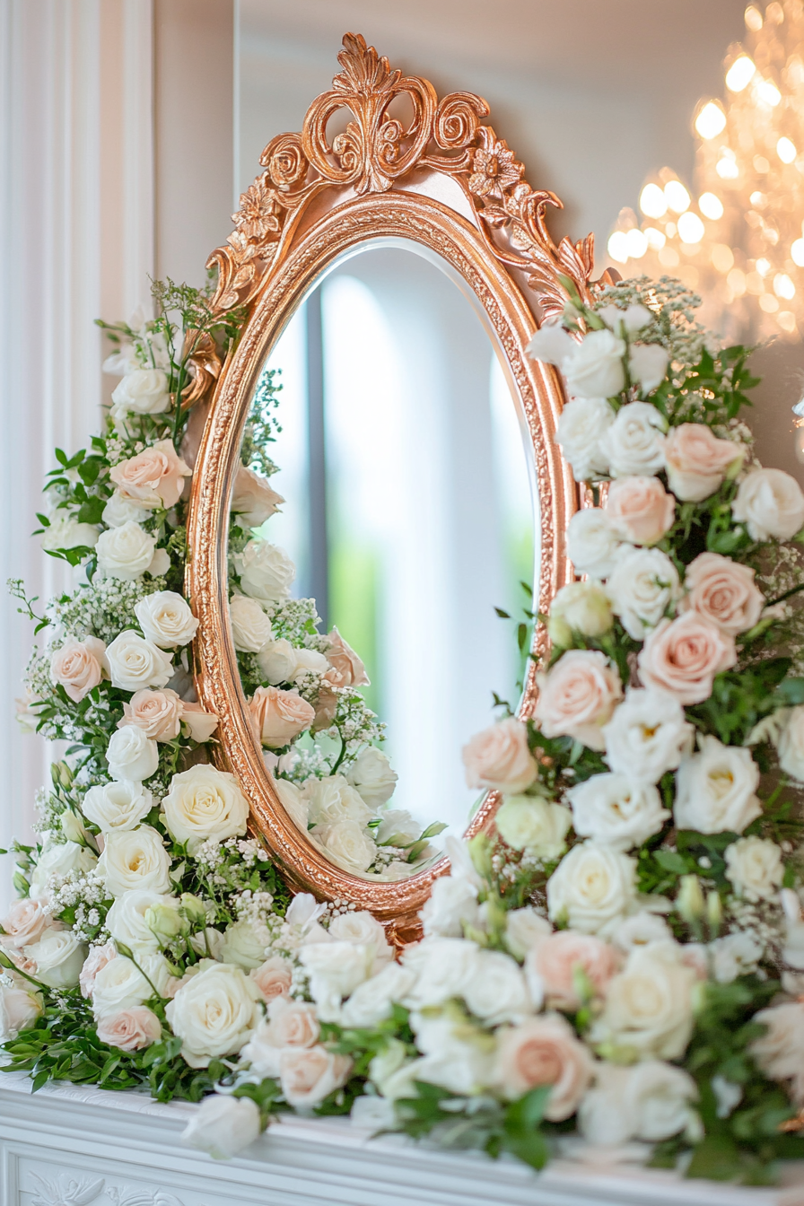 Wedding entrance display. Rounded mirror with rose gold calligraphy and cascading white roses frame.